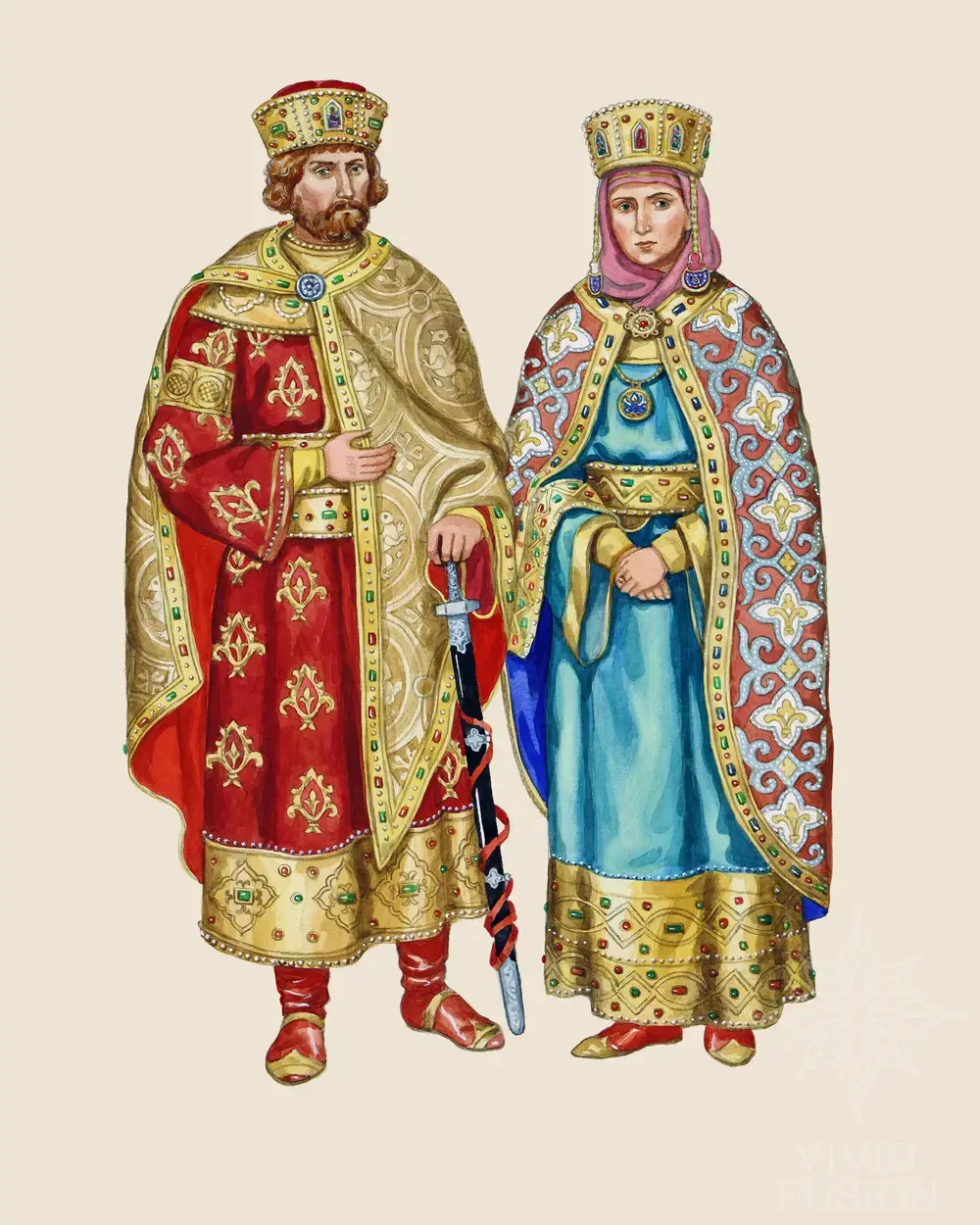 Картина «Князь у становому каптані та аксамитовому плащі корзні.Княгиня у стемі з ряснами та колтами»