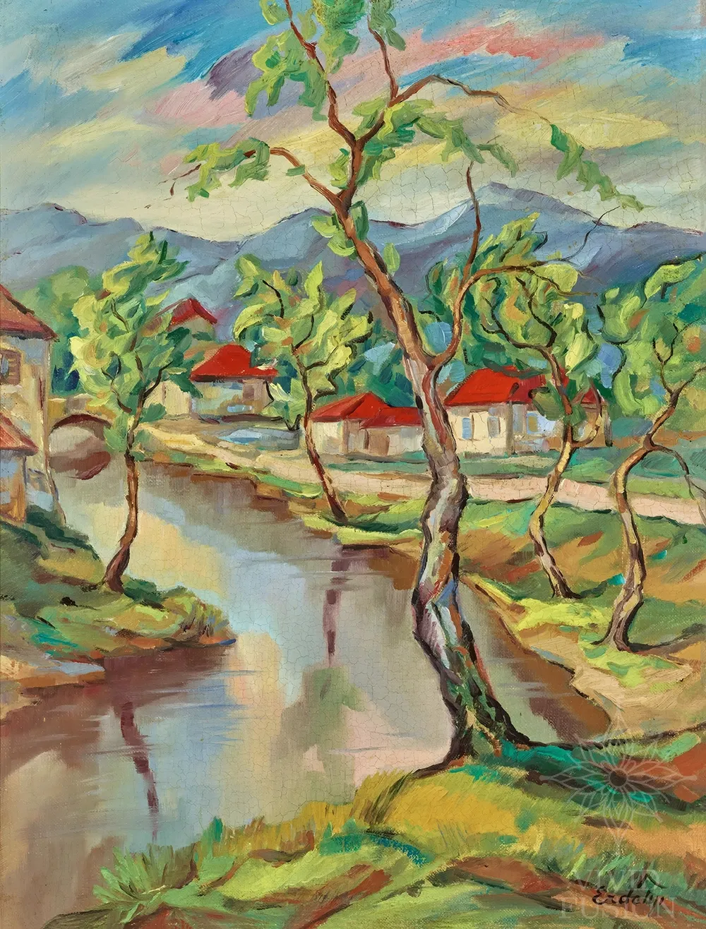 Картина «Село біля річки на тлі гір»